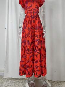 Vestido de noche estampado con mangas aladas y cintura alta primavera - Rojo - Ver 3
