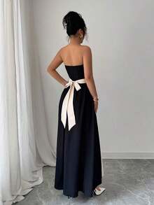 Vestido midi sin tirantes y sin mangas de color contrastante, elegante y apropiado para el trabajo - Multicolor - Ver 2