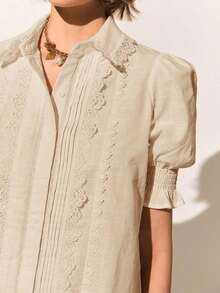 Blusa de algodón con adorno de encaje blanco, blusa casual de verano, blusa para salir, elegante para vacaciones, playa, verano, adecuada para uso diario, oficina y vacaciones, blusa de algodón de manga corta para primavera/verano - Albaricoque - Ver 4