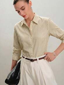 Camisa blanca con botones delanteros en el cuello, blusa de mujer minimalista y elegante versátil y todo a juego, adecuada para ir al trabajo, uso diario, estilo vintage romántico de los 90, Navidad, Año Nuevo, San Valentín, fiesta, playa, graduación, moda, carnaval, vacaciones, invitada de boda, brunch, aeropuerto, multiocasión - Caqui - Ver 4