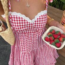 guang zhou mi qian shang mao  Vestido de mujer retro francés de cuadros rojos con tirantes finos, nuevo diseño de primavera temprana con encaje, favorecedora, versátil, dulce y elegante con capas - Azul - Ver 6