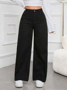 Jeans rectos y sueltos informales con bolsillos para mujeres - Negro - Ver 3
