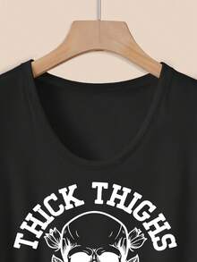 Women's Casual Blouse With The Inscription "THI THIGHS AND SLEEP DEPRIVED", Skull Print, Weight Bar And Roses, Elegant U-Neck Short Sleeve T-Shirt For Party, Spring/Summer, , , 10918, Women's Cotton Shirts. - 黑色 - 查看 3