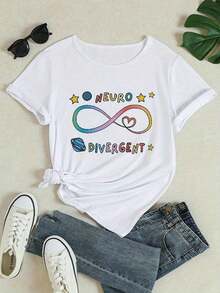 1 pieza Camiseta Casual de Manga Corta con Cuello Redondo para Mujeres - Impresión Gráfica Neurodivergente con Símbolo de Infinito Arcoíris y Estrellas, Ajuste Cómodo Micro Stretch, Esencial de Primavera/Verano, Lavable a Máquina, Camiseta Impresa Juguetona| Camiseta de tela suave, camisetas para damas 180g 100% algodón suave - Blanco - Ver 2