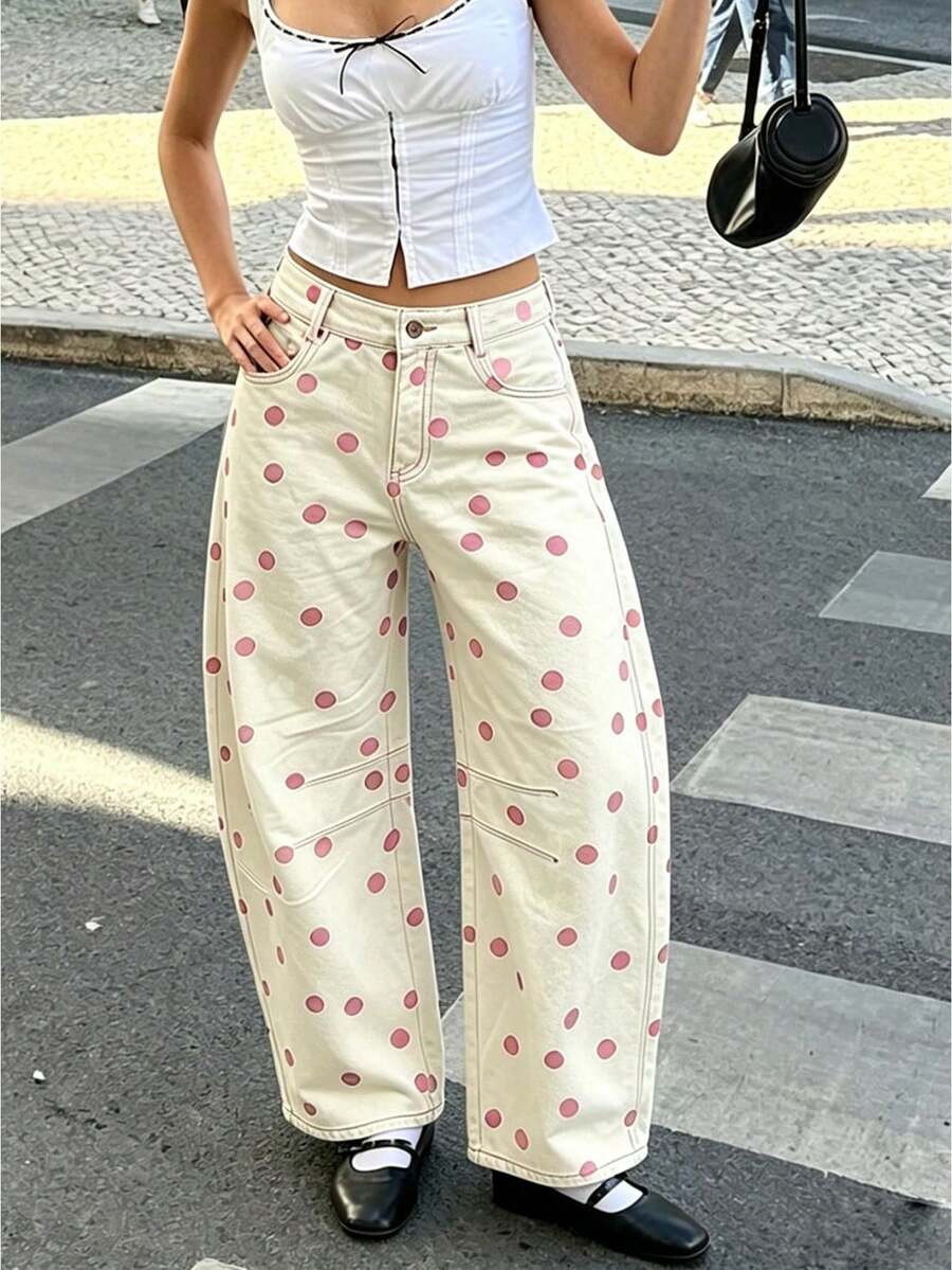 Women's Fashion Polka Dot Wide Leg Jeans, Loose Barrel Pants At The Mid-Waist, Aesthetic And Casual Y2k Jeans, Suitable For Everyday Street Wear - 粉色 - 查看 1
