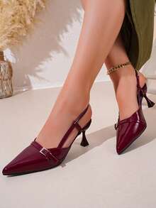 Women Burgundy Gloss Point Toe Slingback Heels, Metal Buckle Flared Heel Back Strap Sandals For Party Date Night - Burgundy - View 2