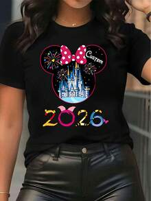 Disney Licensed Women'S Popular Printed T-Shirt Featuring Minnie Mouse'S Head, Castle, Fireworks, And Bow, Designed For Comfort And Style In Spring, Summer, And Autumn With A Relaxed Fit And Elastic Fabric - Black - View 1