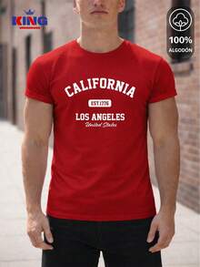 King T-shirt Playera 100% algodón de excelente calidad, esta playera garantiza una suavidad excepcional al tacto, cuello redondo con estampado "California Los Angeles Varsity" y manga corta - Rojo - Ver 1