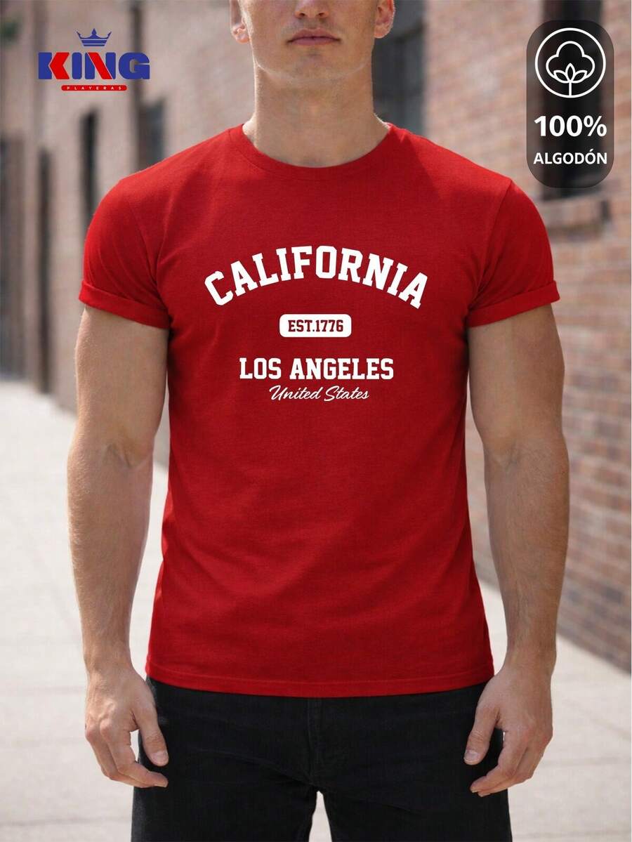 King T-shirt Playera 100% algodón de excelente calidad, esta playera garantiza una suavidad excepcional al tacto, cuello redondo con estampado "California Los Angeles Varsity" y manga corta - Rojo - Ver 1
