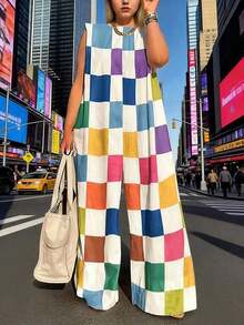 Plus Size Women's Sleeveless Jumpsuit With Colorful Plaid Print, For Summer - 彩色 - 查看 6