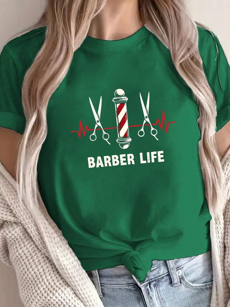 Talla grande - talla extra grande - camiseta de mujer, hecha de algodón puro, tela ligera y transpirable, diseño de cuello redondo, diseño estampado, corte de manga corta, adecuada para primavera y verano. - Verde - Ver 1
