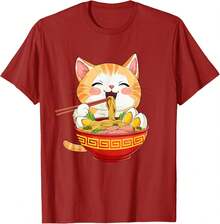 Camiseta con diseño de gato japonés comiendo ramen - estilo anime lindo - Rojo arándano - Ver 4