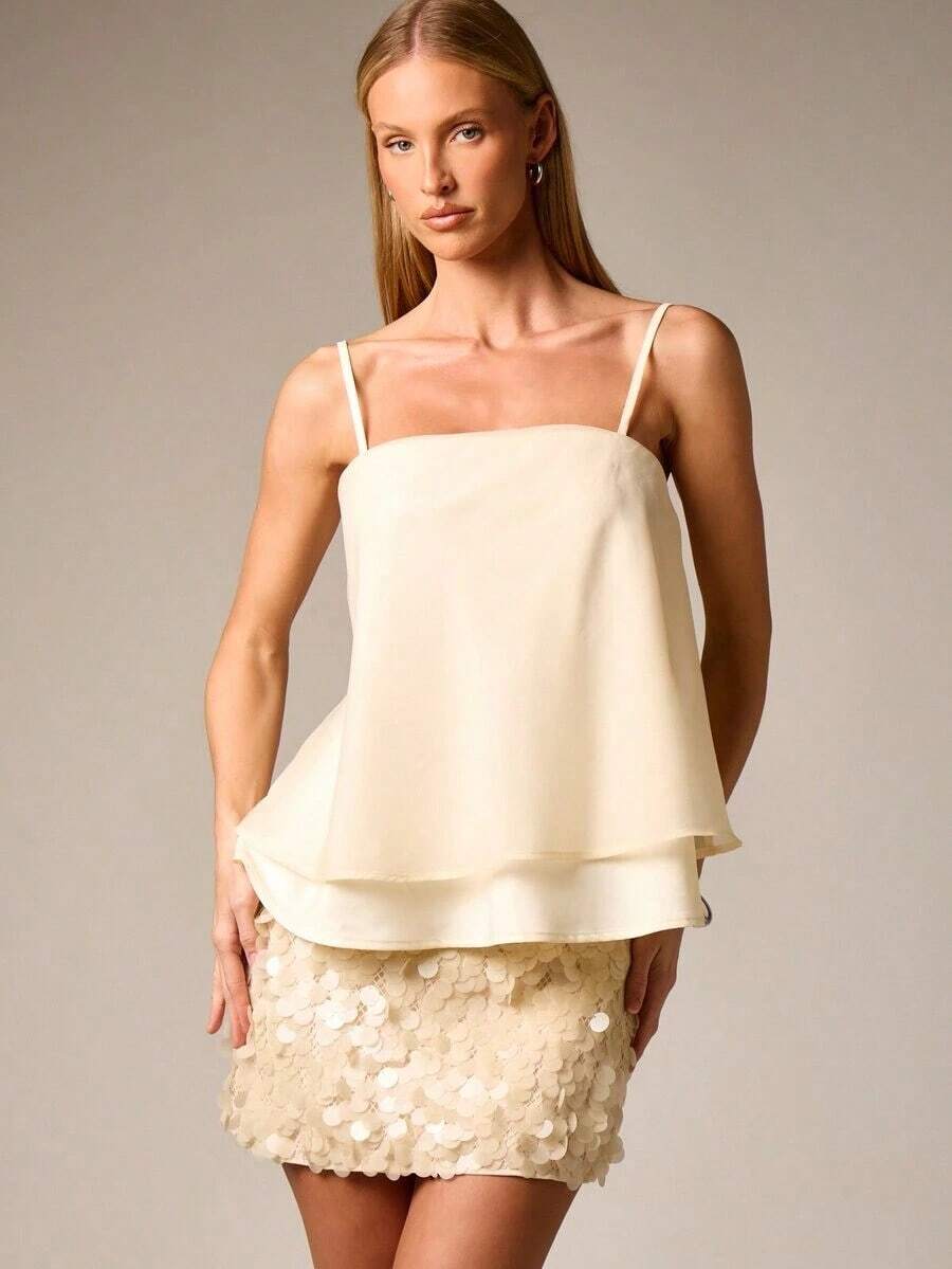 Top de tirantes de gasa con capas, blusa de fiesta de verano sin mangas - Albaricoque - Ver 1