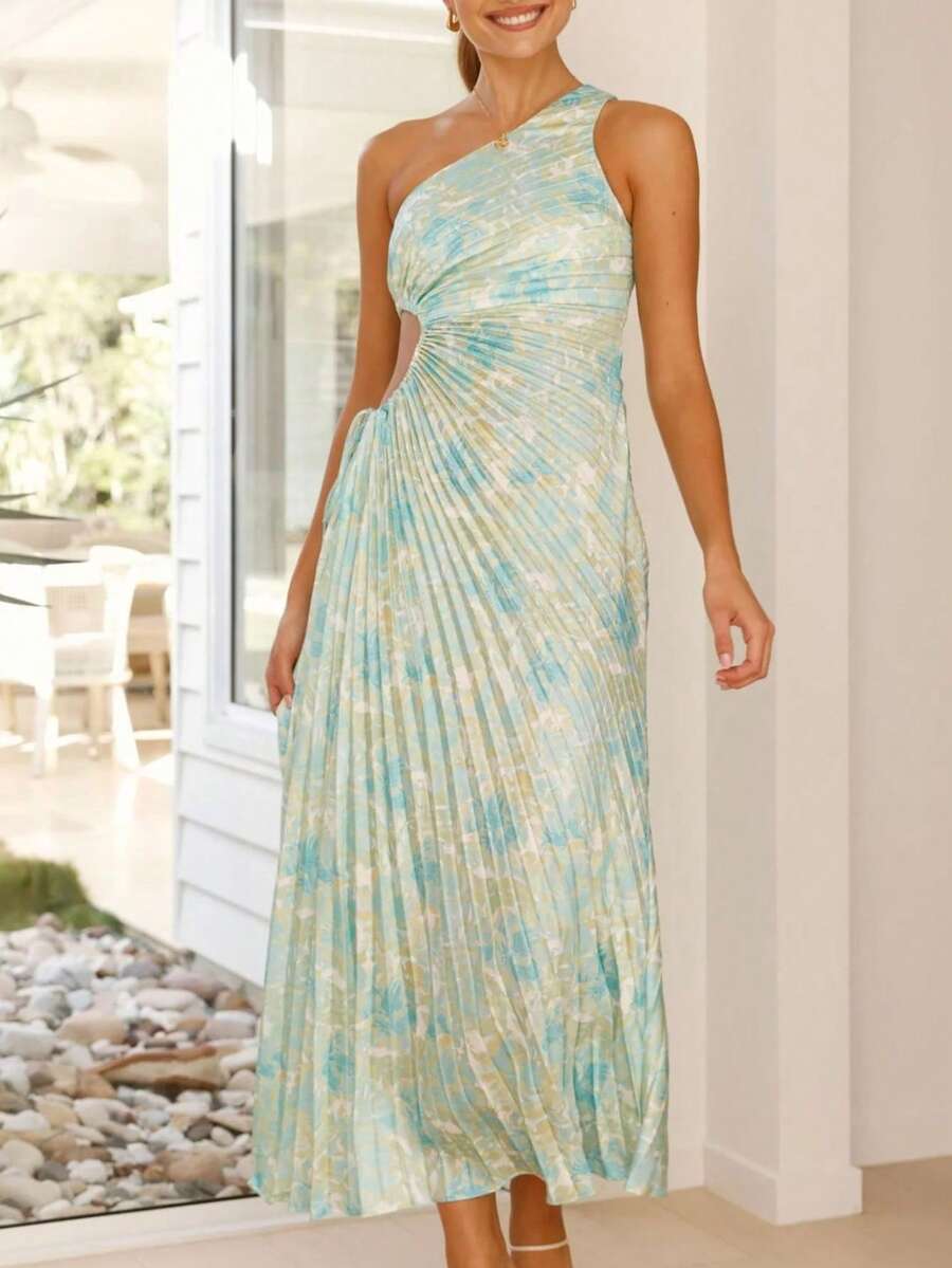 Vestido fiesta estampado hombro asimétrico pliegues calado elegante estilo sexy europeo - Verde - Ver 1