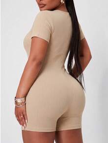 1pc Plus Size Women's Seamless Ribbed Bodysuit, Tummy Control & Butt Lift Full Body Shaping Jumpsuit, Summer Compression Body Shaping Shorts, Suitable For Daily Wear, Women's Shorts, Father's Day Gift - Apricot - View 2
