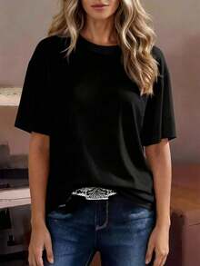 Women's Loose-Fitting Crew Neck T-Shirt, Solid Color Short Sleeve Top That Goes With Everything, Soft And Breathable, Versatile For Everyday Wear And Going To Work, Pink, Casual, By - 黑色 - 查看 2