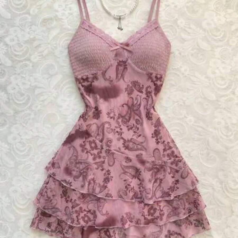Nana's Women's Clothing Store Vestido de mujer, estampado de flor de anacardo y malla con contraste de colores, para resort - Rosa - Ver 1