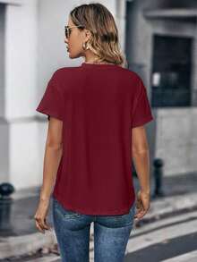 Camiseta de cuello redondo de manga corta de unicolor para mujer de moda - Burdeos - Ver 2