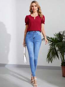 Blusa con cuello de ojal y manga abullonada, blusas de manga corta - Burdeos - Ver 3