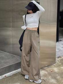 Pantalones casuales de mujer con estampado, cintura con cordón y bolsillos - Caqui - Ver 4