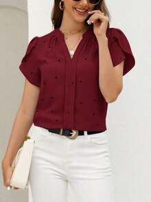 Blusa de mujer de escote en V con estampado de corazón y mangas con volantes para el verano y la playa - Rosa Roja - Ver 1