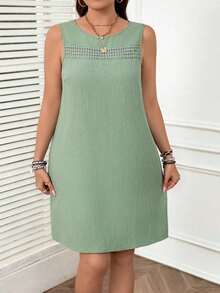 Vestido corto sencillo sin mangas de cuello redondo de unicolor para mujer talla grande - verde menta - Ver 4