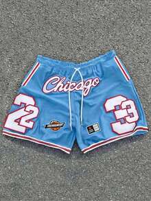 Men's Mesh Chicago 23 Letter & Number Print Casual Sports Shorts With Drawstring, Suitable For Spring/Summer - Baby Blue - View 2