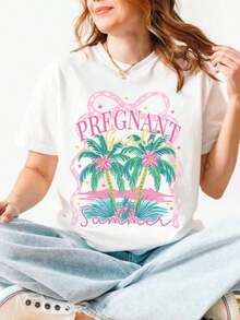 Camiseta de Verano para Mujer Embarazada 100% Algodón, Camiseta de Maternidad, Camiseta para el Día de la Madre, Camisetas Estampadas 100% Algodón para Mujer, Camisetas Gráficas de Primavera/Verano para Mujer, Transpirable y Cómoda. - Blanco 013 - Ver 2
