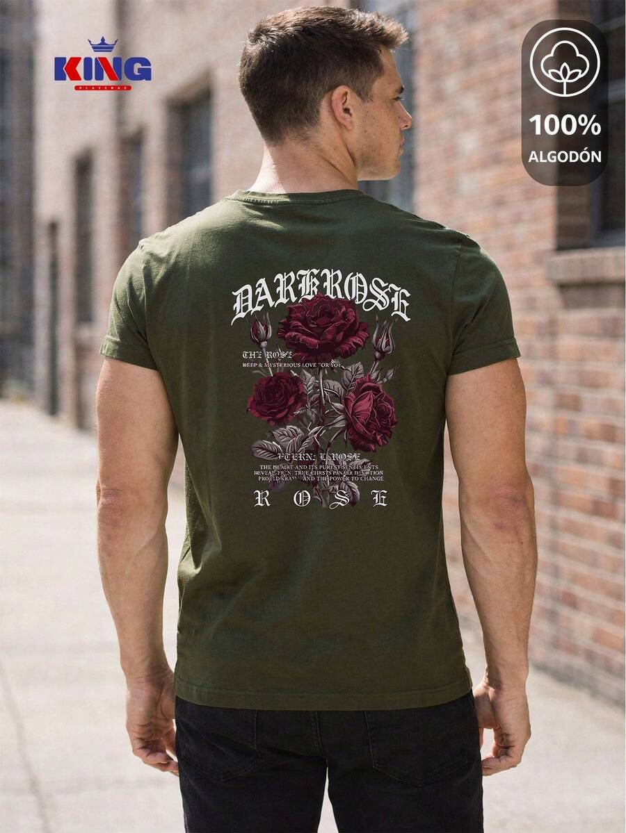 King T-shirt Playera 100% algodón de excelente calidad, esta playera garantiza una suavidad excepcional al tacto, cuello redondo con estampado "Dark Rose Gothic Floral" y manga corta - Verde militar - Ver 1
