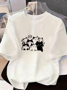Camiseta con Grupo de Gatitos en Dibujo,Camiseta de manga corta de moda para primavera y verano de 2026, hecha en México, 180 gramos. Estampado de dibujos animados, modelo de pareja, apta para uso interior o exterior. Cuello redondo, unisex, ideal para oficina y ocio. Paquete de una pieza. |   Diseño exquisito |   Suelto y cómodo |   Fácil de combinar | - Blanco - Ver 8