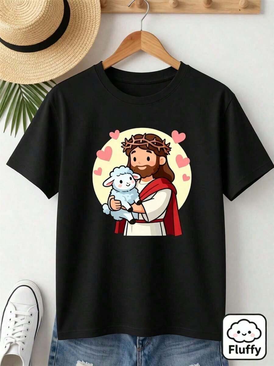 ropa de mujer Camiseta para Él/Ella de Jesús y Oveja con Corona de Espinas y Corazones Diseño conmemorativo de Jesús - Negro - Ver 1