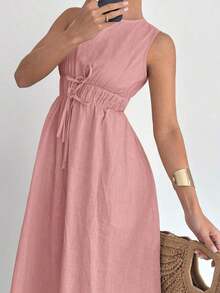 Women's Sleeveless A-Line Maxi Dress In Linen And Cotton, Spring And Summer - Army Green - View 5