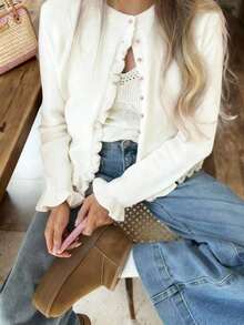 Nueva Suéter de Punto Minimalista de Cuello en V Manga Larga Color Blanco Puro, Adecuado para Primavera, Otoño e Invierno, Elegante y de Moda Cárdigan con Volantes, Versátil y Ajustado Cárdigan Casual para Uso Diario - Blanco - Ver 10