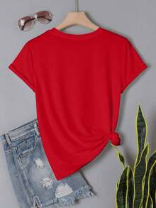 Women's Cotton T-Shirts, Vintage LUNE T-Shirt For Mom, Casual Short Sleeve Crew Neck T-Shirt With Funny Letter Print For Women, Graphic Blouses - 紅色 - 查看 2