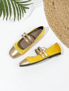 Square Toe Mary Jane Shoes, Gold Patchwork, Double Strap, School Uniform Shoes, Versatile All Season Plus Size Loafers - Yellow - View 6