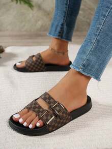 Elegant, Soft, Comfortable, Minimalist And Versatile Women's Sandals With Chain Decoration, Casual Flat Slippers For Indoor And Outdoor Use - 棕色的 - 查看 3