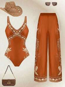 Swim Oasis Traje de baño de una pieza sexy con estampado floral para mujer, adecuado para la playa, citas, fiestas, primavera/verano, resort de moda de alta gama - Naranja - Ver 6