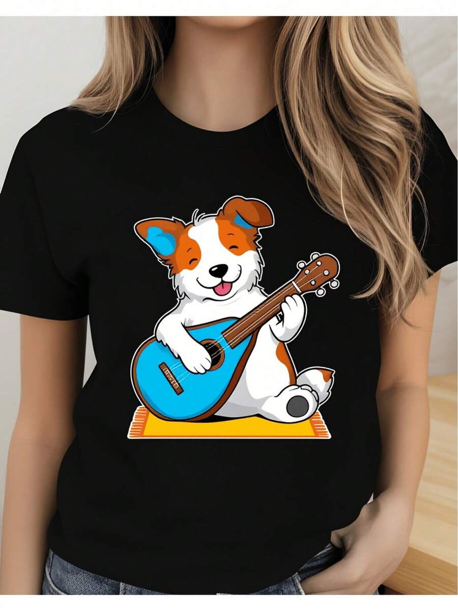 Camiseta de mujer con diseño de perro lindo tocando la guitarra, camiseta casual de verano para amantes de la música, regalo 2D, diseño holgado y ligeramente elástico para mujer[COD] - Negro - Ver 1