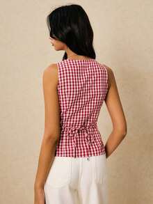 Camisa a cuadros rojos y blancos, blusa minimalista de diario con bolsillo a la cintura y sin mangas, adecuada para uso diario, salir, ir al trabajo, citas, vacaciones y otras ocasiones - Rojo y blanco - Ver 2