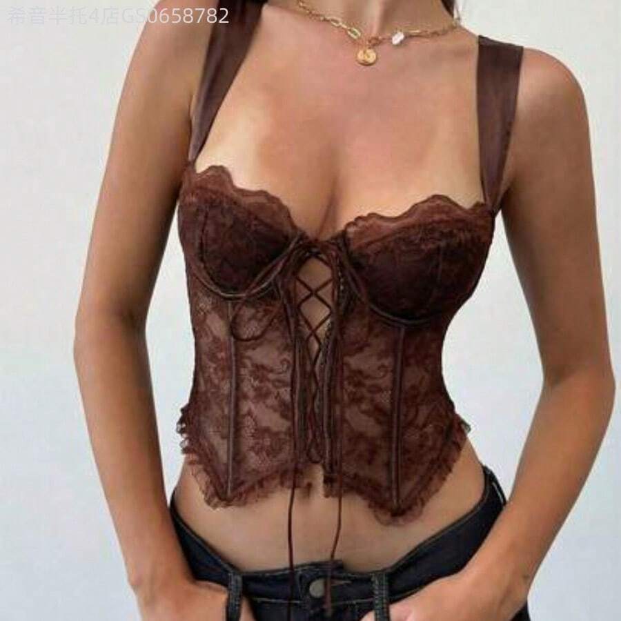 Fengyu Women's Clothing Store Camiseta de encaje sexy para mujer, romántica para el Día de San Valentín, fiestas, festivales de música, uso diario en verano - Café integral - Ver 1