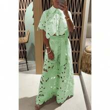 Conjunto Casual para Mujer Nueva Temporada Verano, Blusa Encaje Calado + Pantalones Largos - Verde - Ver 5