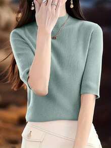 Blusa de punto de manga corta para mujer de moda y versátil para el día a día en el trabajo - Verde - Ver 5