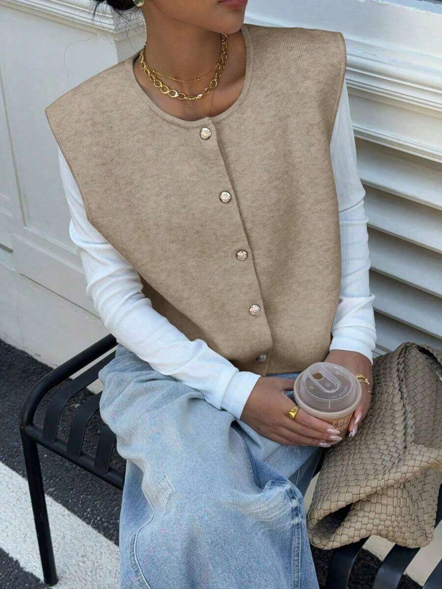 Chaleco de lana de unicolor apricot de mujer, informal, con botones metálicos - Albaricoque 2 - Ver 1