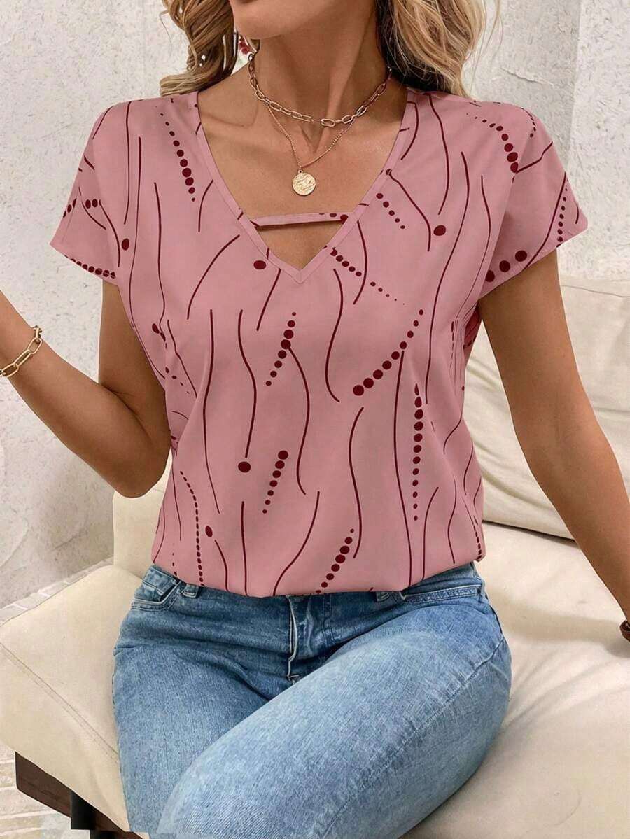 Blusa de mujer con detalles de rayas de contraste y calados, top de manga corta - Rosa 2 - Ver 1