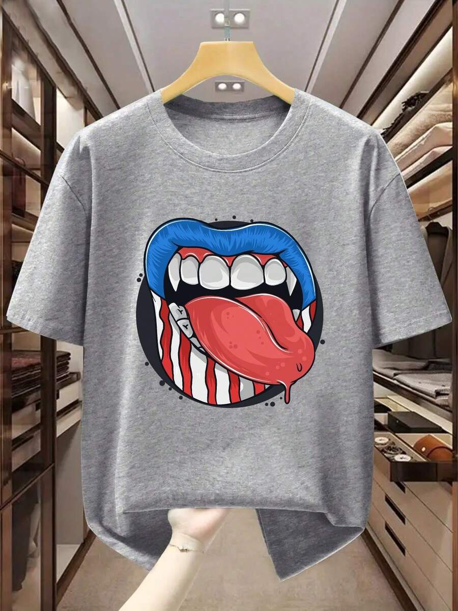 Men's Plus-Size T-Shirt With An American Flag Design, Red Lips, And A Sticking Tongue. A Comfortable And Casual Short-Sleeved T-Shirt For Summer. - 灰色 - 查看 1