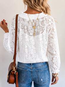 Loose Fit Lace Print & Solid Color Lace Blouse, Commuting Style, Spring/Summer - White - View 2