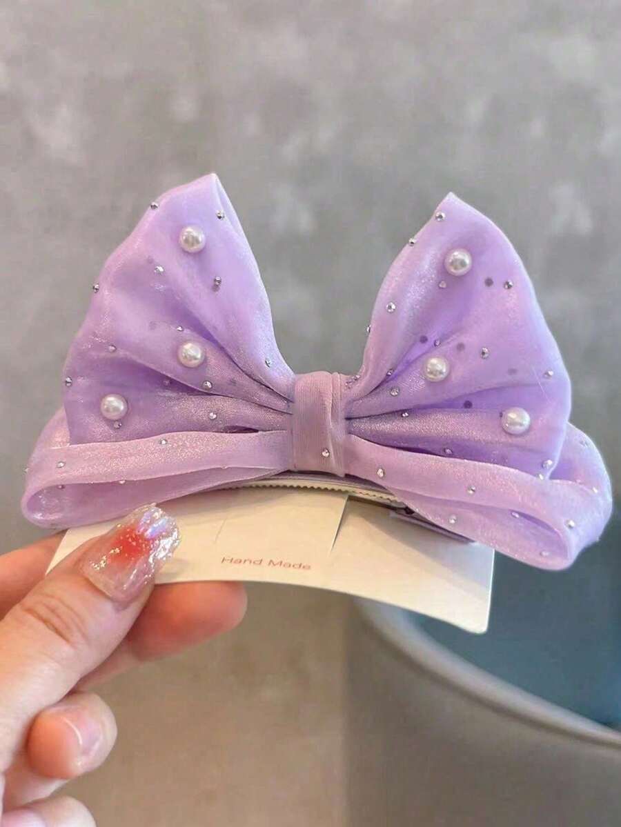 1pc Cute & Sweet Rhinestone Bowknot Hair Clip For Girls (Shipped Without Card) - Mauve Purple - View 1