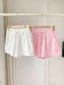 Set de 2 pantalones cortos de mujer con bolsillos y cintura con lazos de unicolor - Rosa Pálido - Ver 4
