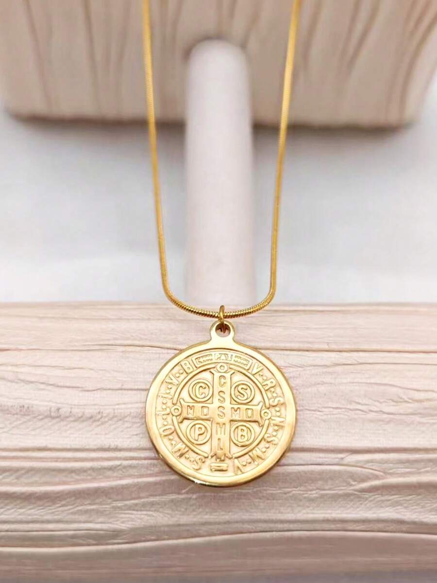 1pc 18K Gold Plated Stainless Steel Vintage Priest Style Embossed St. Benedict Double-Sided Pendant Necklace, Retro French Religious Round Disc Necklace For Men - Yellow Gold - View 1