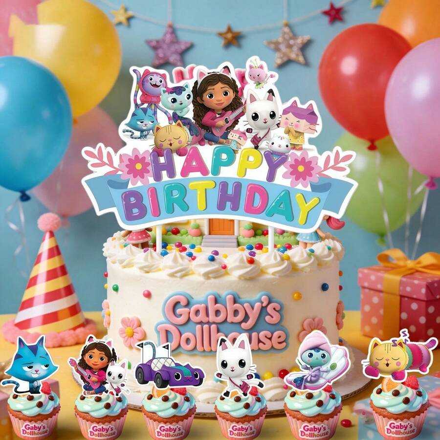 1件 Gabby's Dollhouse 主題蛋糕裝飾套裝,卡通貓生日蛋糕裝飾含杯子蛋糕插旗與生日快樂橫幅,以 Gabby 與朋友們為特色,適合兒童 Gabby 主題生日派對,室內生日派對氛圍佈置 - 彩色 - 查看 1